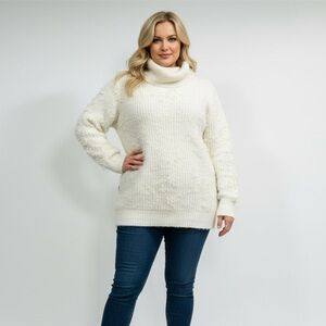 Emory Park Cream Cozy Fuzzy Fringe White Turtleneck Sweater size Large